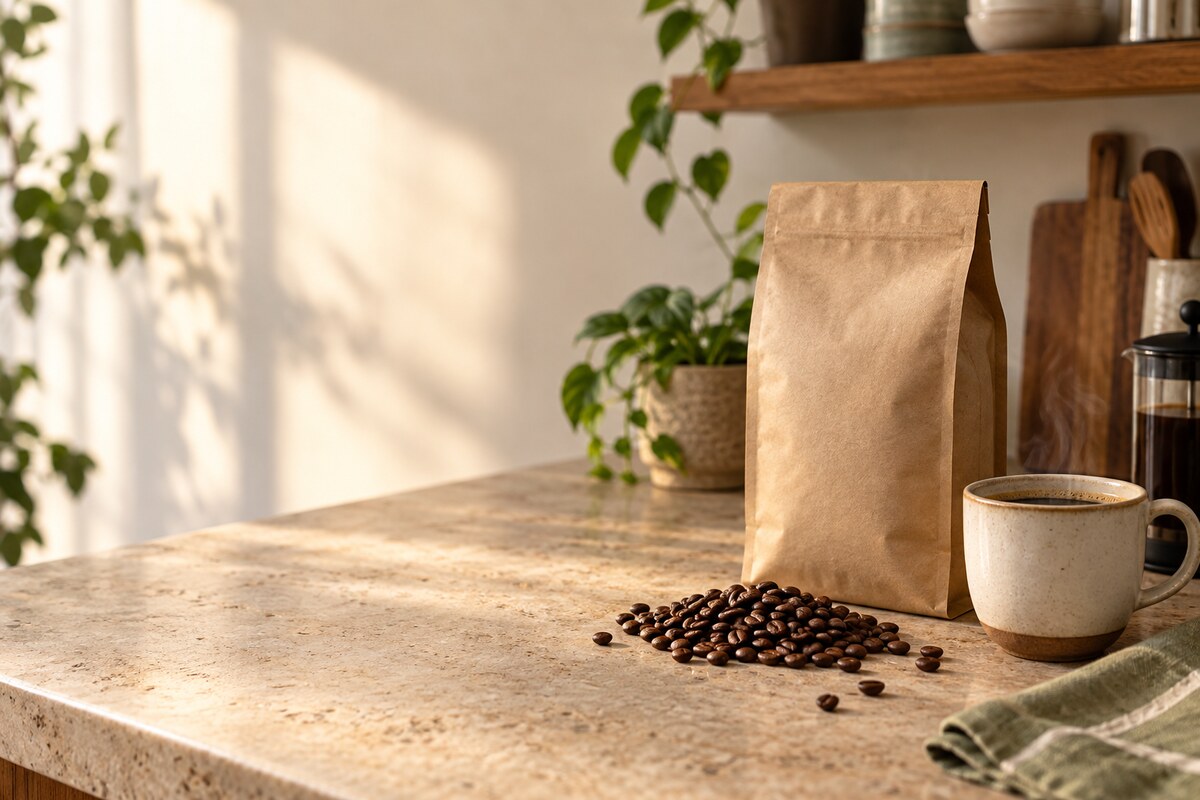 First AI-generated coffee category banner with a kraft bag, cup and coffee beans on the right, but busy leaf shadows and extra props around the composition
