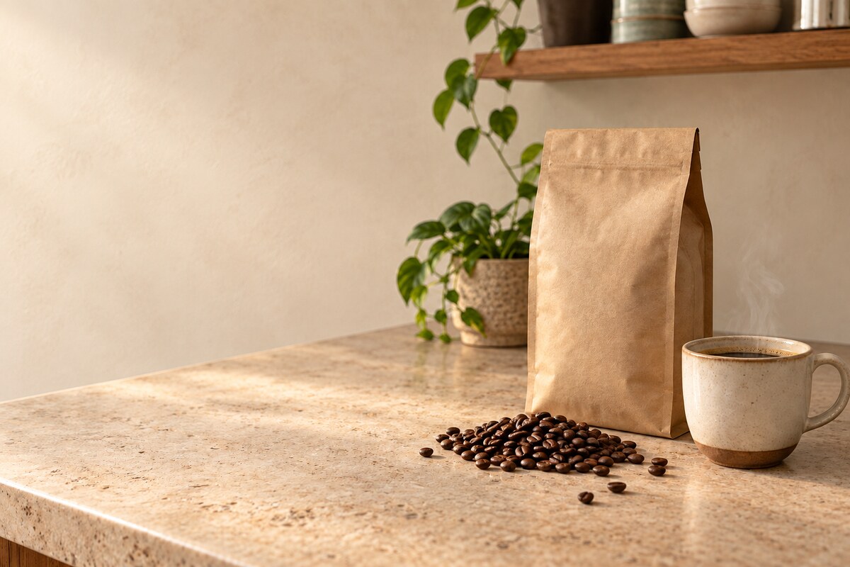 Revised AI-generated coffee category banner with a calm cream copy area on the left and the coffee bag, cup and beans grouped on the right