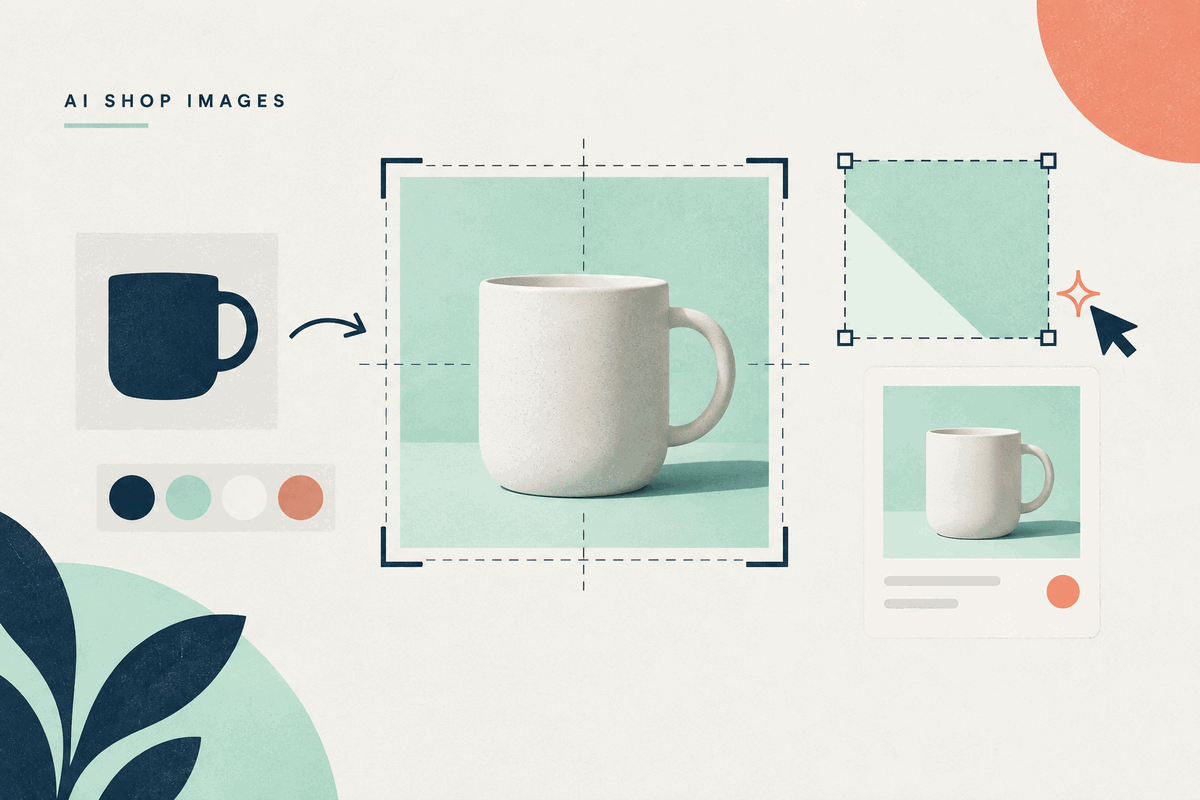 AI shop-image workflow with a product silhouette, crop guides, colour palette and finished ecommerce image in navy and mint