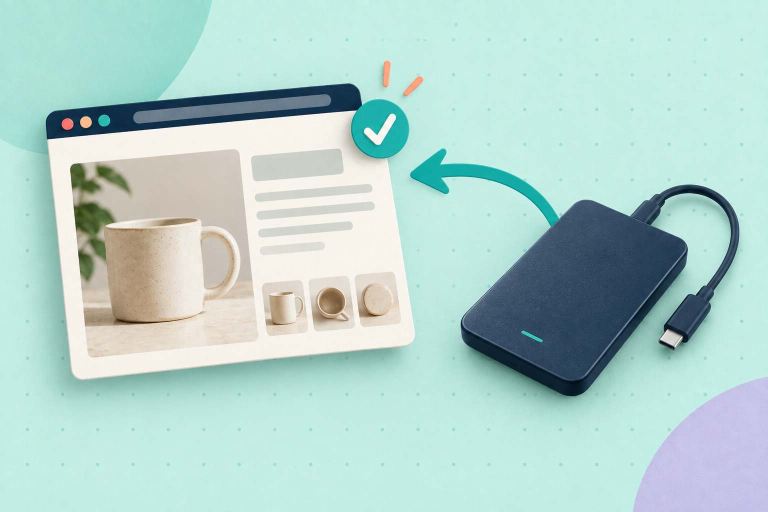 A backup drive beside a restored shop page.
