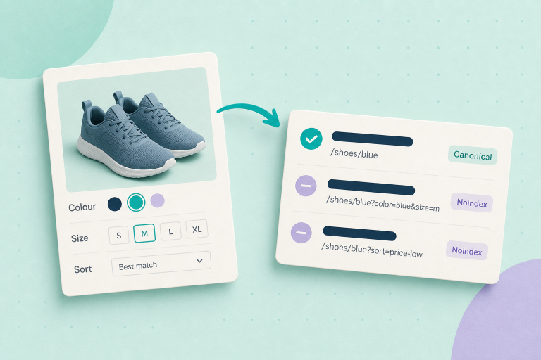 Editorial illustration of a shop owner arranging physical cards with short URLs and filter tags beside a browser-style card showing a rel="canonical" code bar; mint background, navy and teal accents.