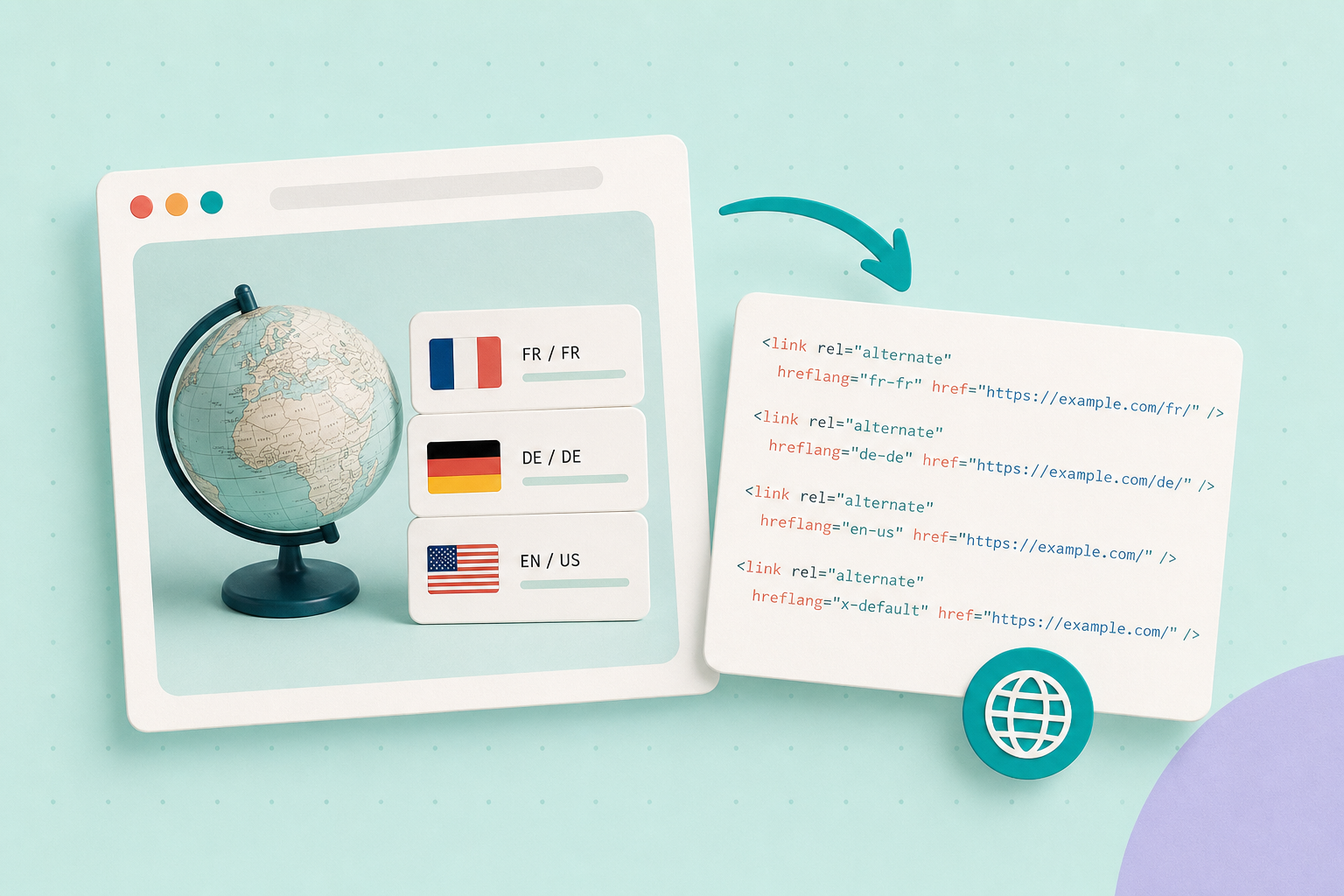 Editorial illustration of two off-white browser cards—one showing language tabs and a product image, the other a sitemap-style stack of URL cards—on a pale mint background with teal and navy accents.