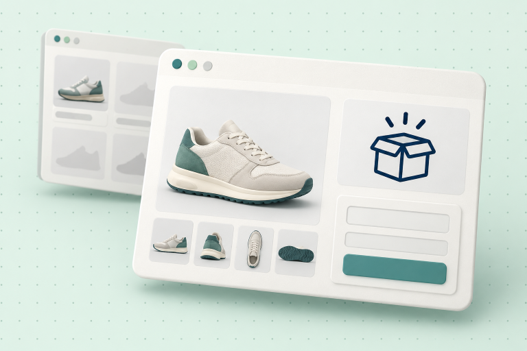 Editorial illustration: a product card with a navy ‘Out of stock’ badge and a small back‑in‑stock signup card on a pale mint background, with soft shadows and teal accents.