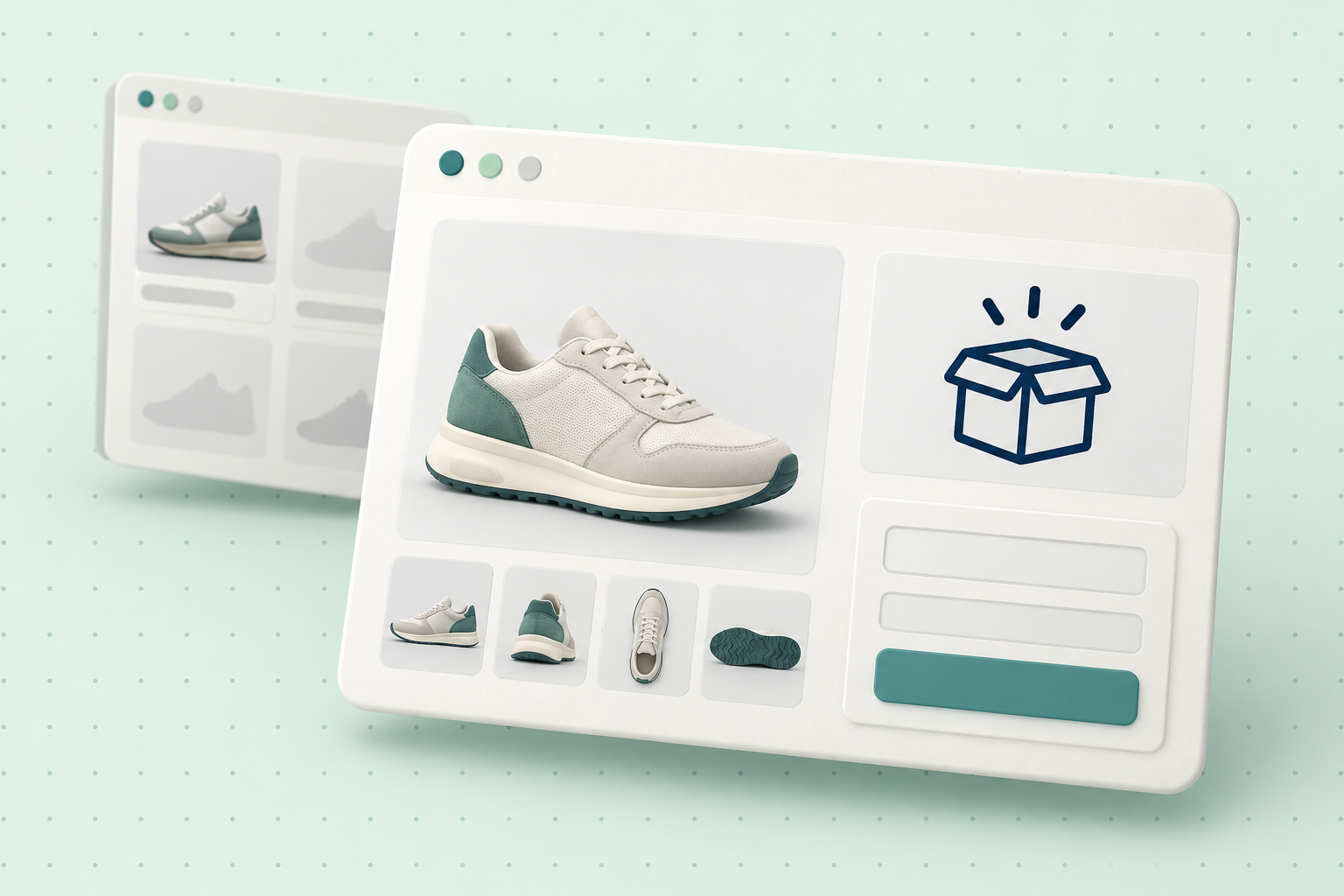Editorial illustration: a product card with a navy ‘Out of stock’ badge and a small back‑in‑stock signup card on a pale mint background, with soft shadows and teal accents.