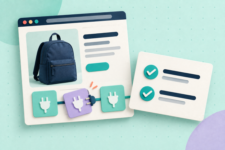 A backpack shop page with removable plugin tiles and a small checklist on a pale mint background.