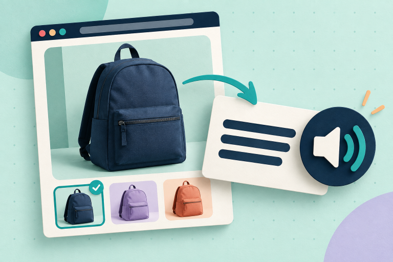 A navy backpack product image linked to a description card and audio symbol, with three colour variants below.
