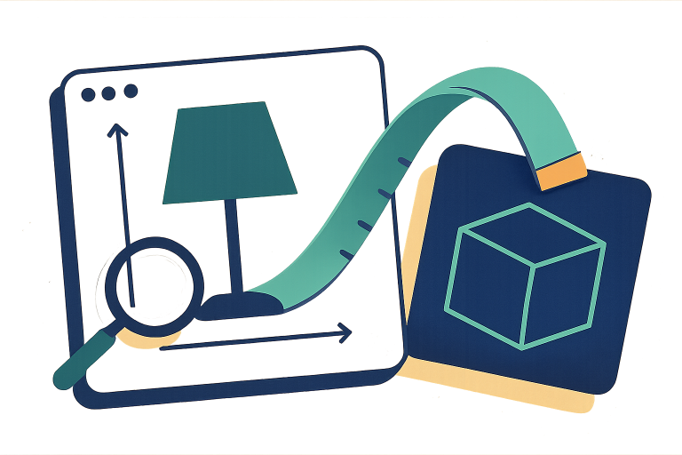 Editorial illustration: product specification card beside an overlapping parcel card with a tape measure connecting them; mint dotted background, navy and teal palette, no text.
