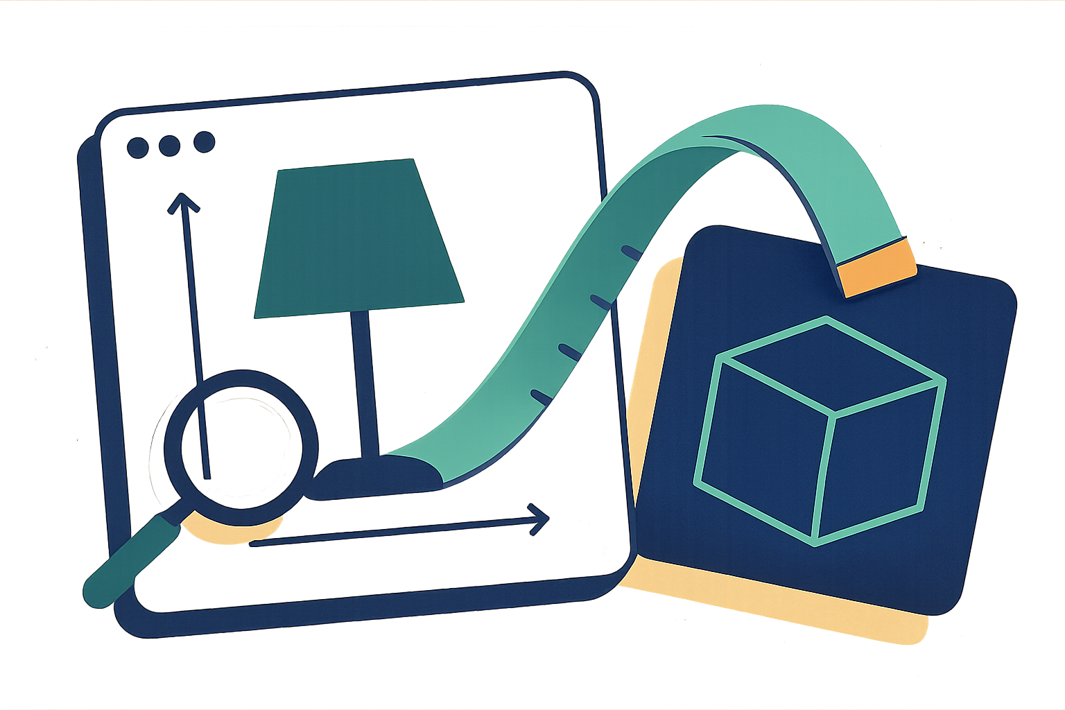 Editorial illustration: product specification card beside an overlapping parcel card with a tape measure connecting them; mint dotted background, navy and teal palette, no text.