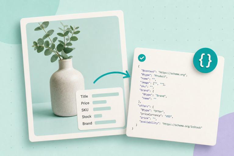 Editorial illustration: a tea tin and label at left, with an off-white browser card at right showing a conceptual JSON-LD layout and a product thumbnail; mint background and navy/teal accents.
