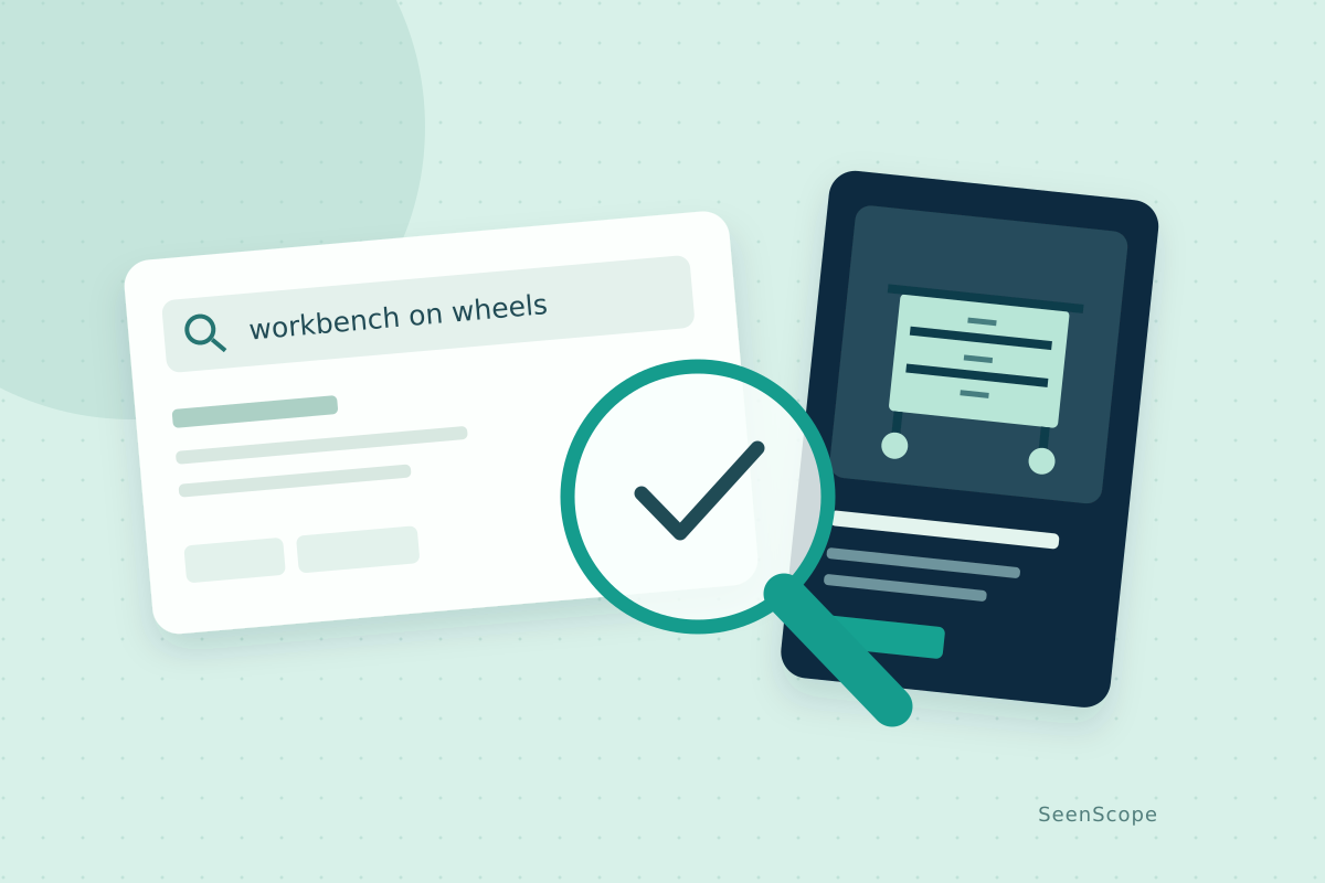 A search for a workbench on wheels connects to a matching product, with a magnifying glass and check mark.