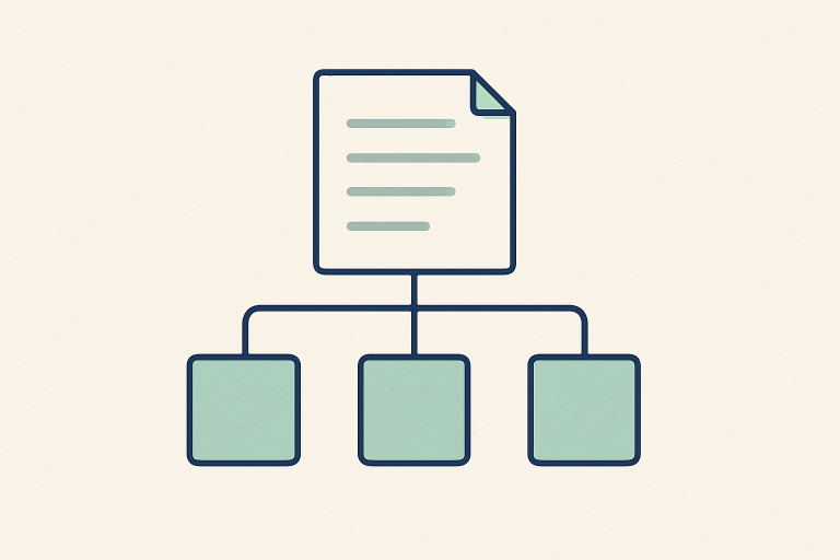 Minimal mint-and-navy editorial illustration showing a sitemap index connected to product, collection and image sitemap tiles on a warm off-white background