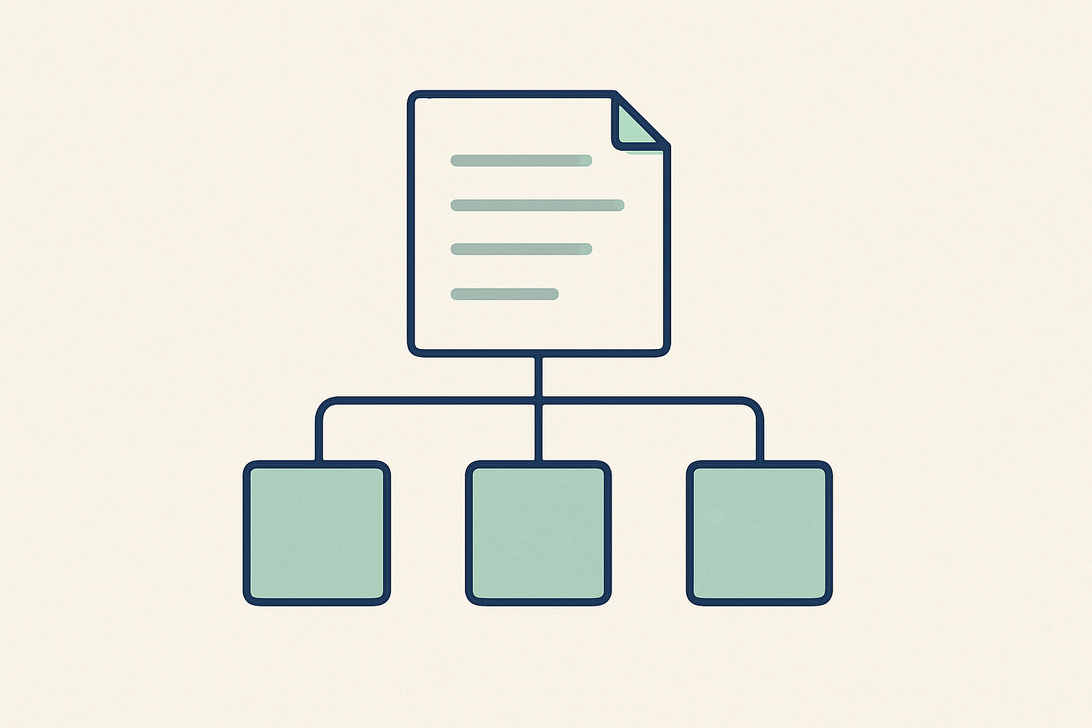 Minimal mint-and-navy editorial illustration showing a sitemap index connected to product, collection and image sitemap tiles on a warm off-white background