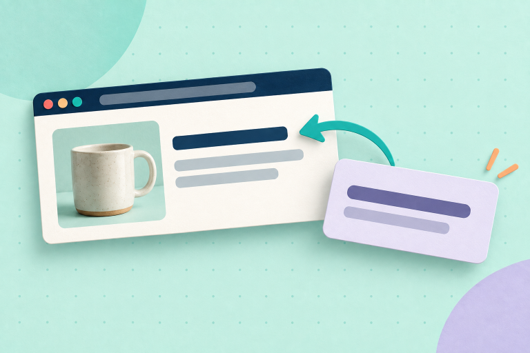 A ceramic mug in a search-result card paired with an alternate description card and a teal arrow on pale mint.