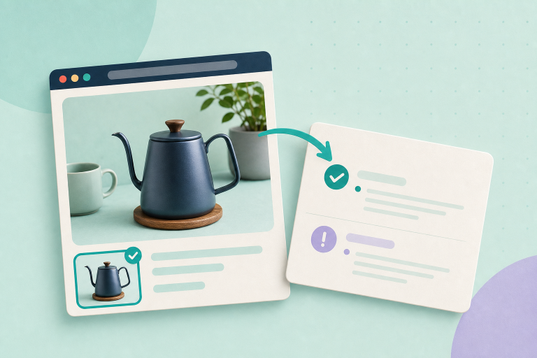 Pale mint editorial illustration with a small product box and two off‑white browser cards showing abstract code and a simplified URL inspection panel; navy and teal accents, soft shadows.