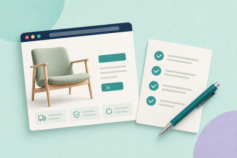 A shop page connected to a checklist of buying steps.