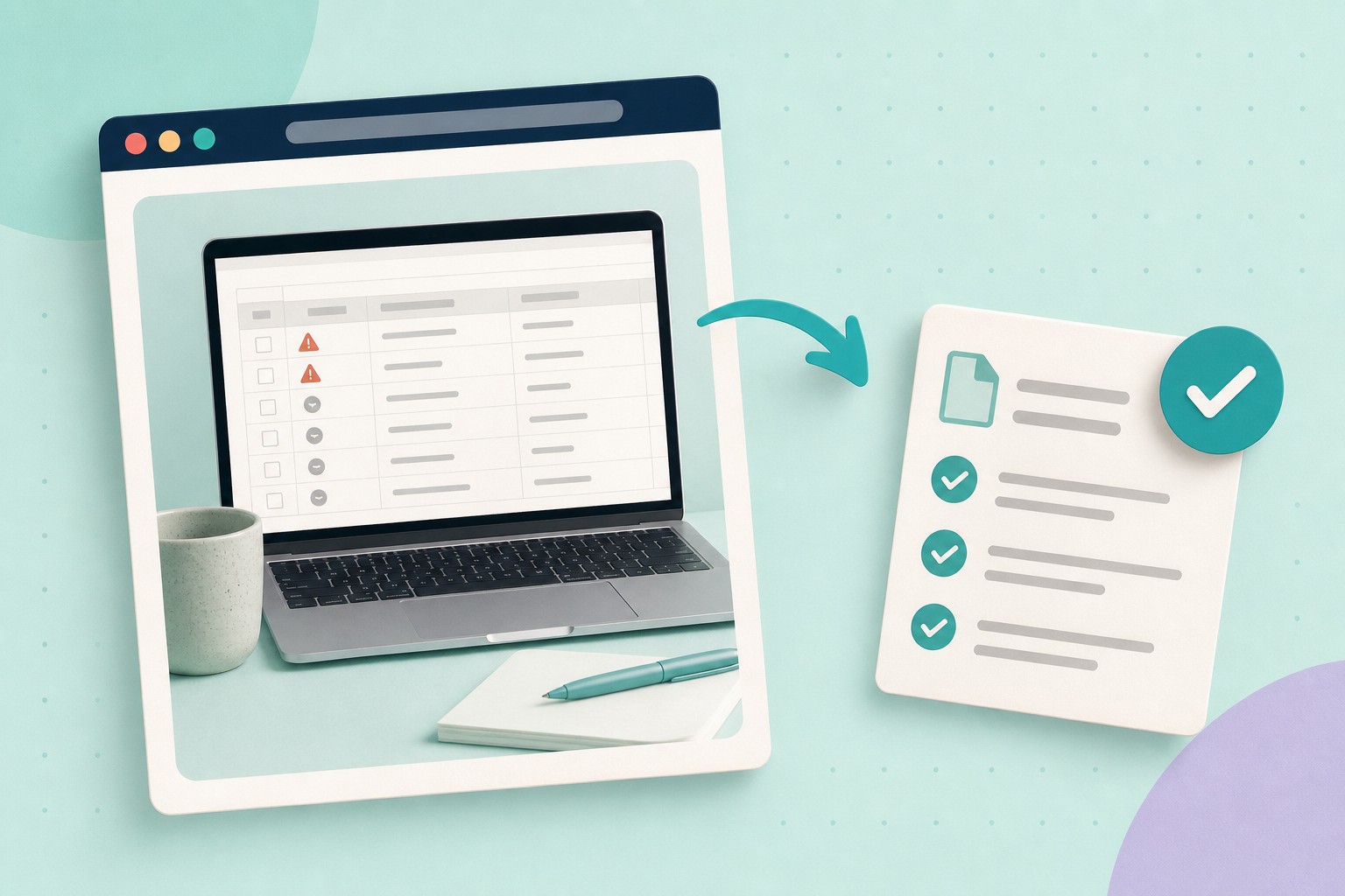 Editorial illustration of a browser card showing a product feed table beside product tags and a checklist on a pale mint background.