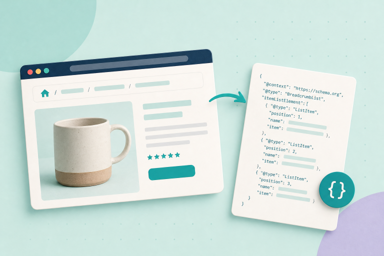 Editorial illustration: a product-page browser card showing a breadcrumb trail paired with overlapping checklist and JSON‑LD cards on a pale mint background.