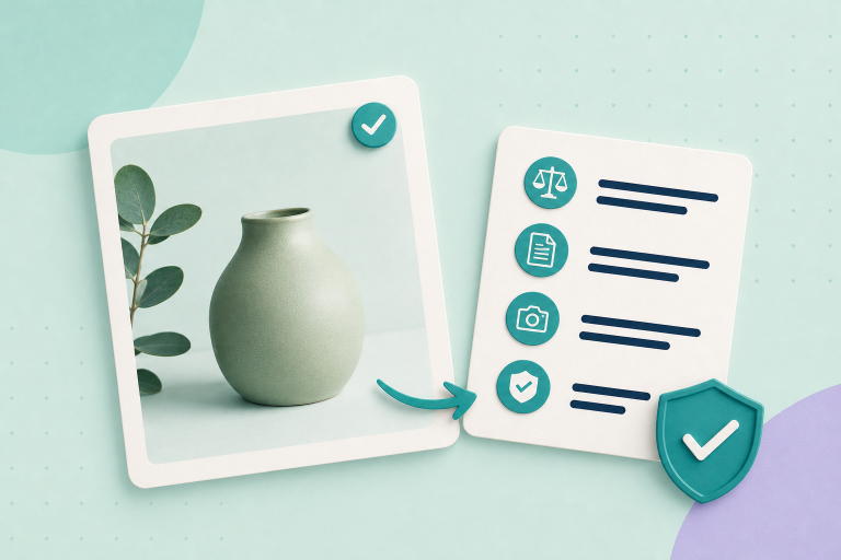 Editorial illustration of a product-photo edit card beside a metadata sheet and backup drive on a pale mint background, indicating image edits and provenance recording.