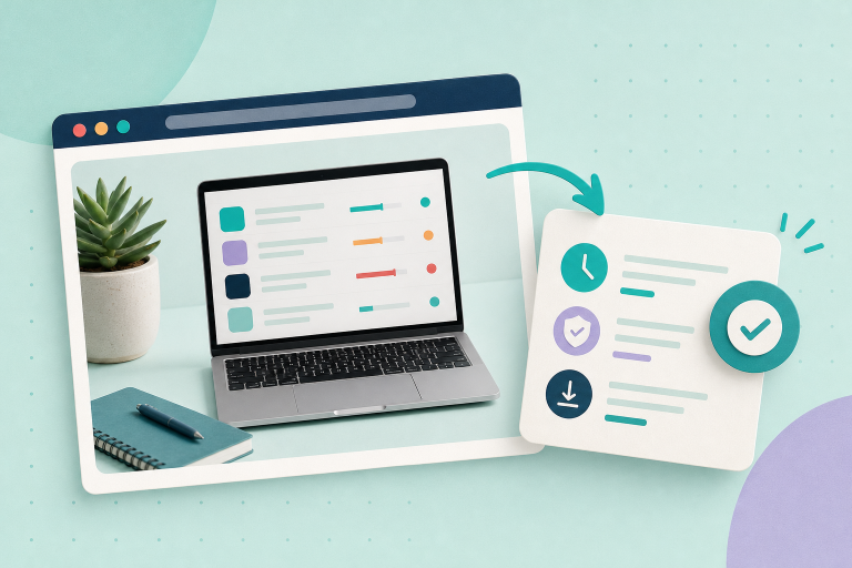 Illustration: laptop product page and grouped script chips with a hand activating a consent toggle on a mint background with navy and teal accents.