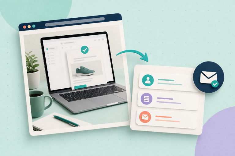 Editorial illustration of a laptop with an abstract email preview, a parcel tag and stacked envelopes on a pale mint background, emphasising email and delivery checks.