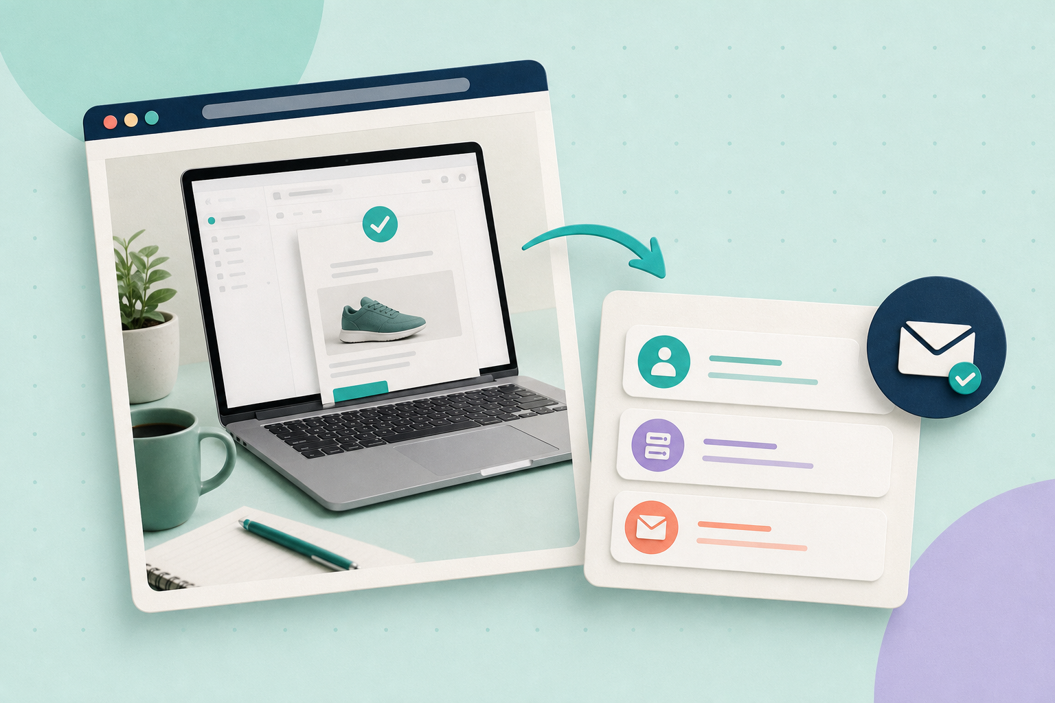 Editorial illustration of a laptop with an abstract email preview, a parcel tag and stacked envelopes on a pale mint background, emphasising email and delivery checks.