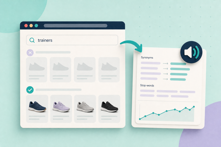 Editorial illustration of a shop search results card and a synonyms/index card on a pale mint background, showing a search bar, product thumbnails and a loose synonyms note with soft shadows.