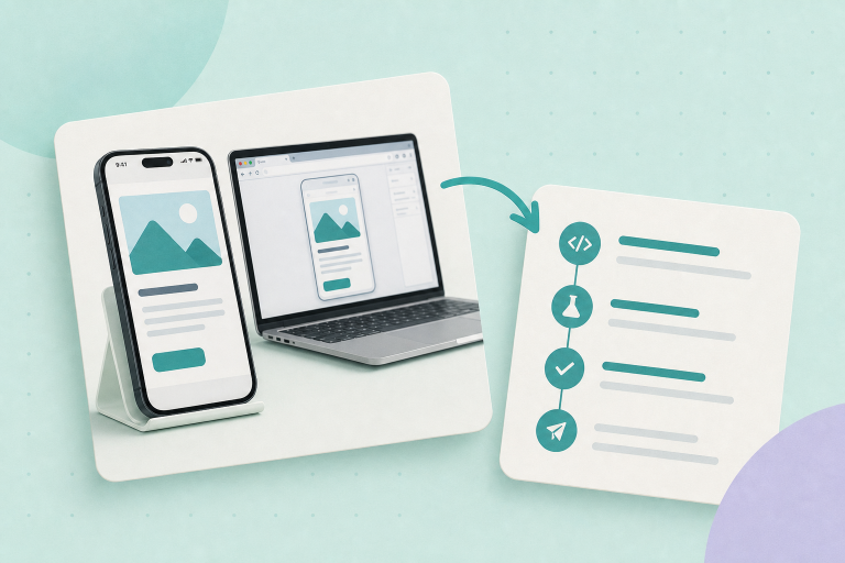Editorial illustration: phone showing a product page and an off‑white browser card with developer view, arranged on a pale mint background with navy and teal accents.