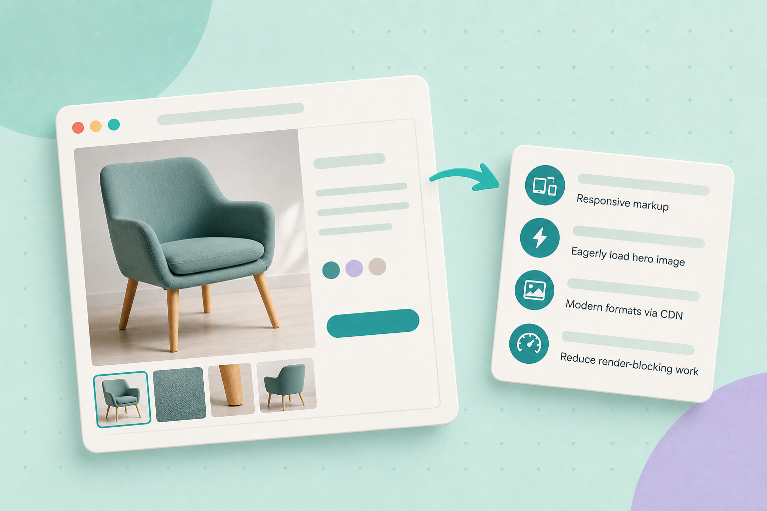 Editorial illustration: a tactile product photo on an off‑white browser card beside an overlapping card with a simplified speed chart, set on a pale mint background with soft shadows.