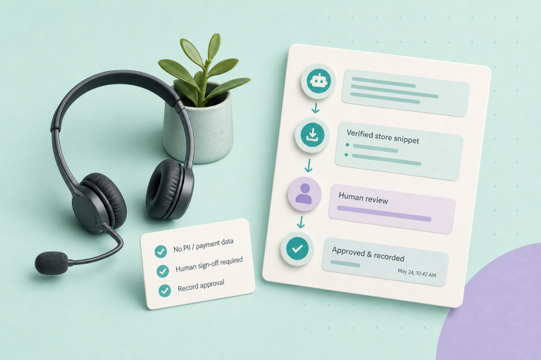 Editorial illustration: two tactile off-white cards on a mint background — a message thread card and a verification checklist overlapping a product SKU card; teal and navy accents, soft shadows.