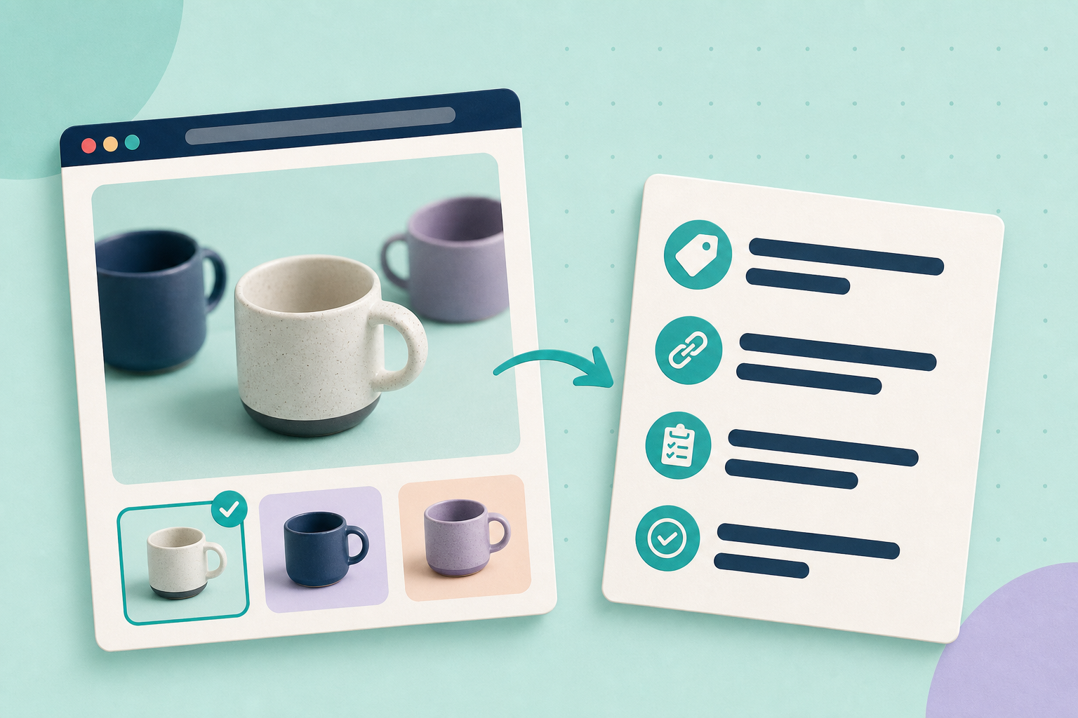 Editorial illustration: pale mint background with an off‑white product browser card and overlapping product SKU cards, navy and teal accents, soft shadows.