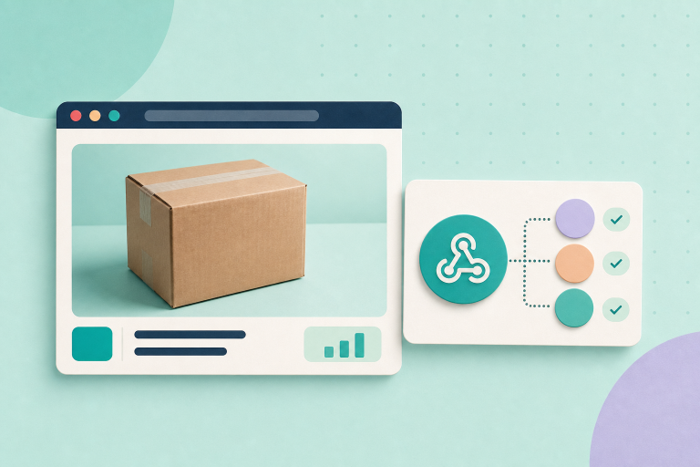 Editorial illustration showing two off-white cards on a pale mint background: a product card with a stock badge and a server/endpoint card with a lock and delivery arrow connecting them.